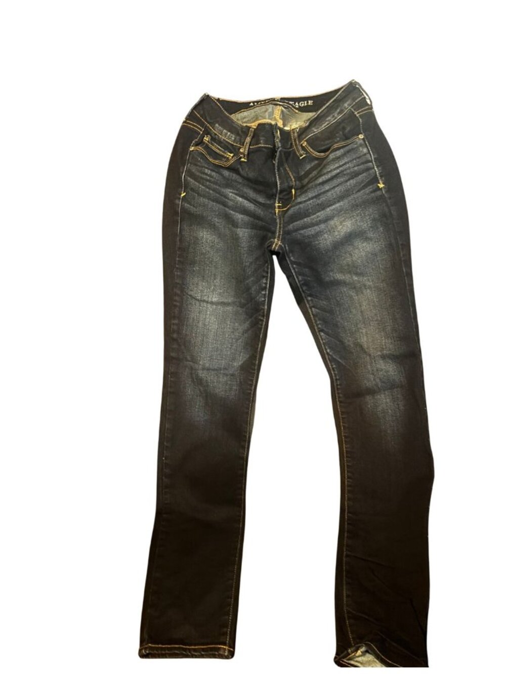 American Eagle Outfitters Dark Blue Jeans with Yellow Stitching Super Stretch